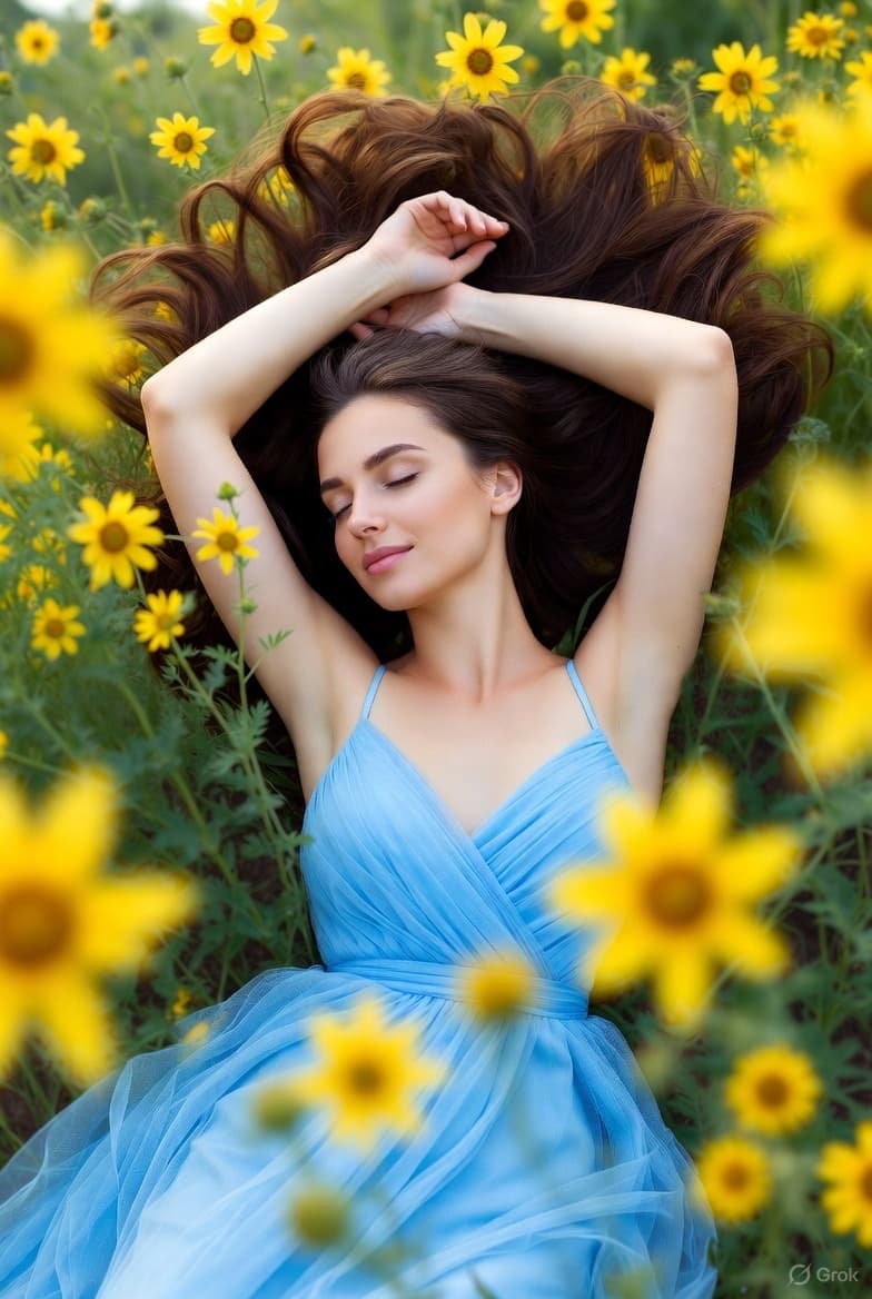 AI generated: A woman, viewed from above, sleeps peacefully with her arms above her head in the field of yellow fl...