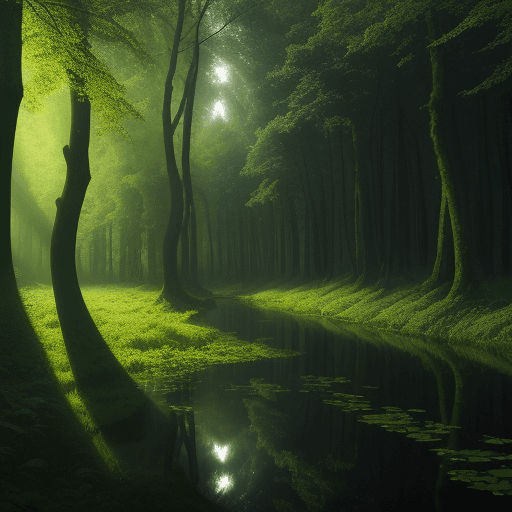 AI generated: High resolution photographic dream scene of morning green forest, with morning due on the leaves ref...