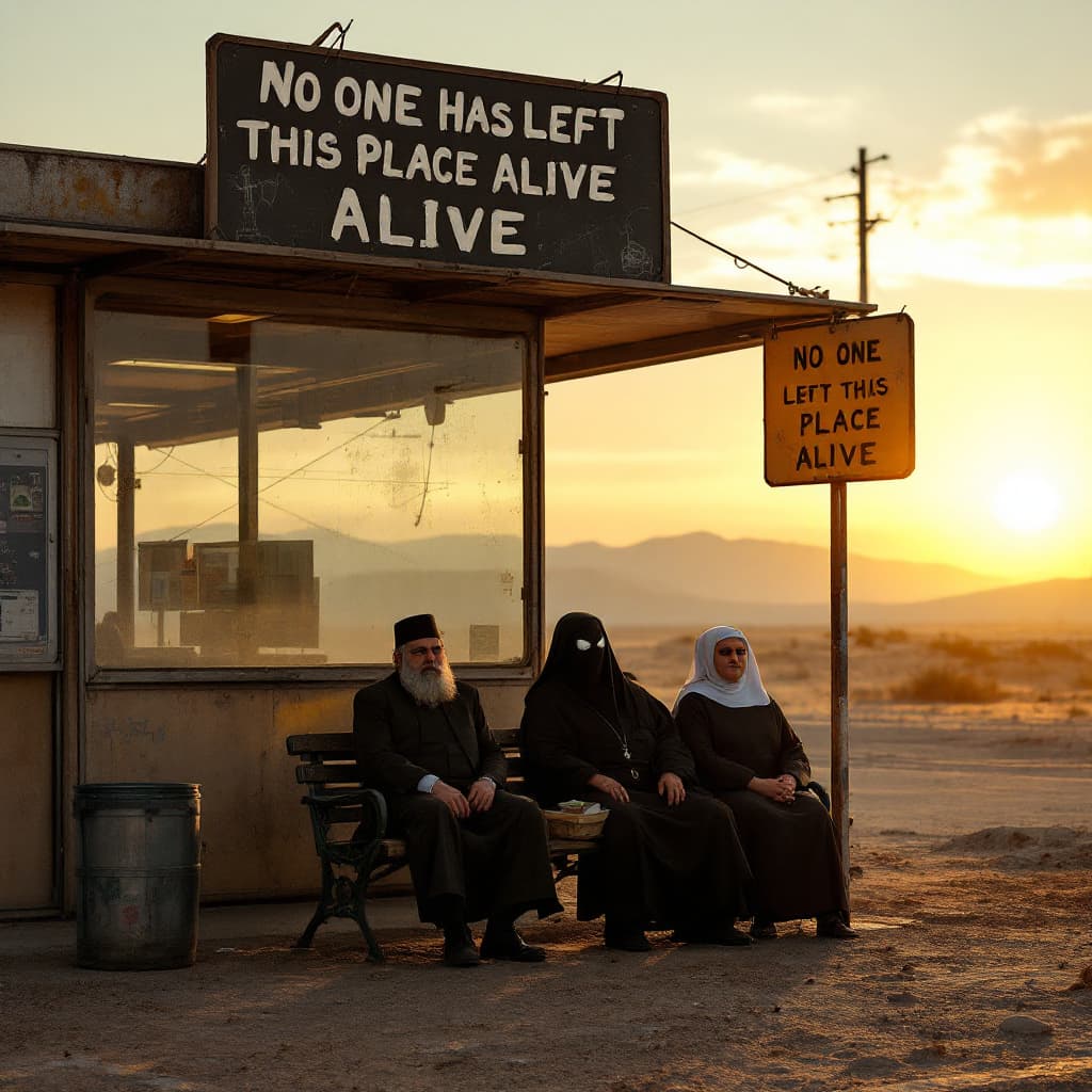 AI generated: wide shot of a bus station located in the middle of the dessert, is sunset , dusty enviroment. on th...