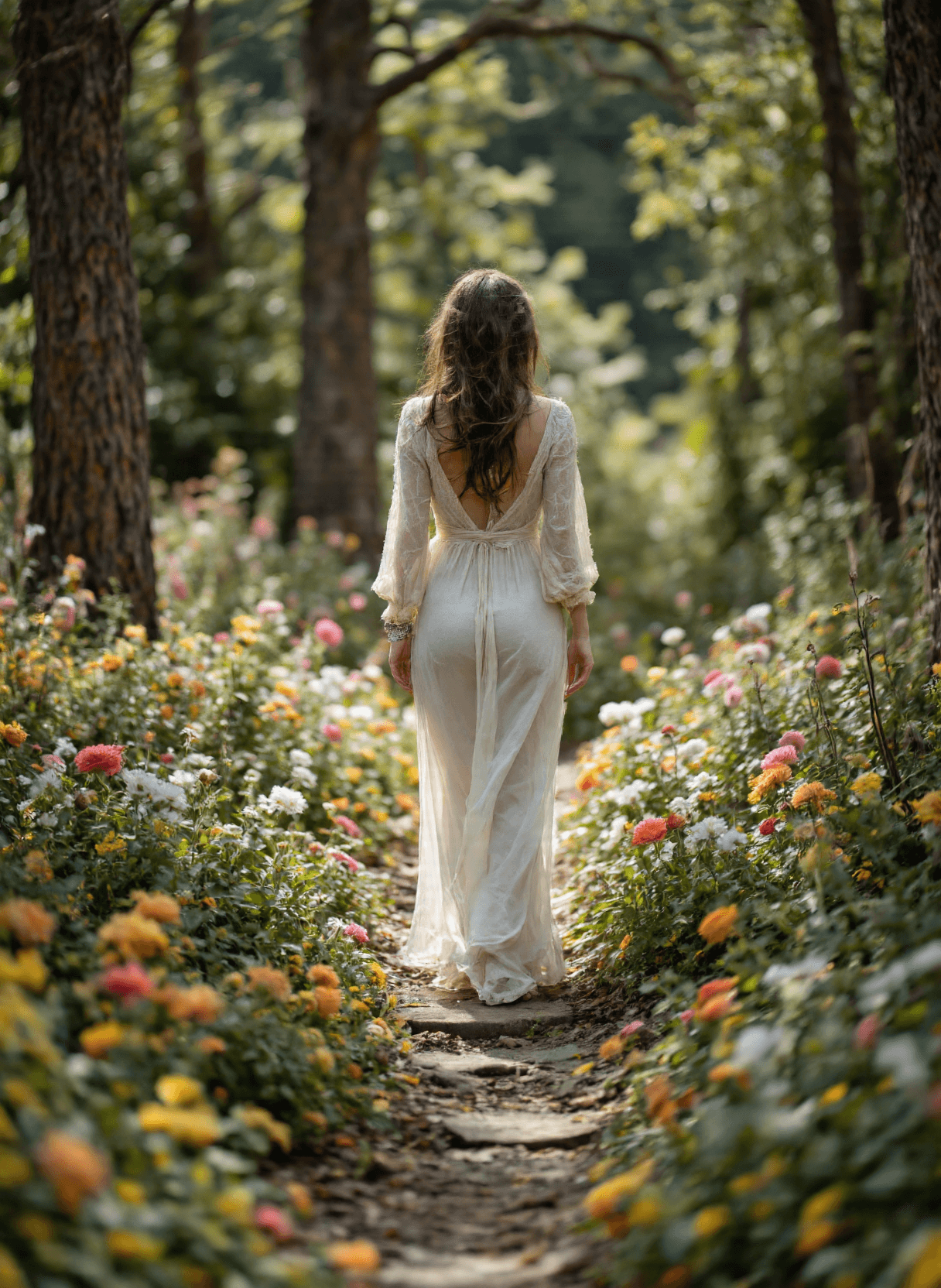 AI generated: 
The image depicts a serene scene of a woman walking along a narrow path through a lush forest. She...