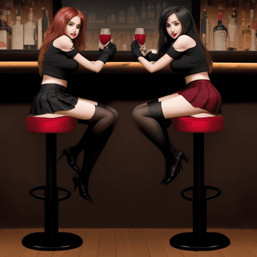 AI generated: two-women-leaning-at-the-bar-on-high-stoolsblack-and-short-skirt-black-stockings-high-red-stile