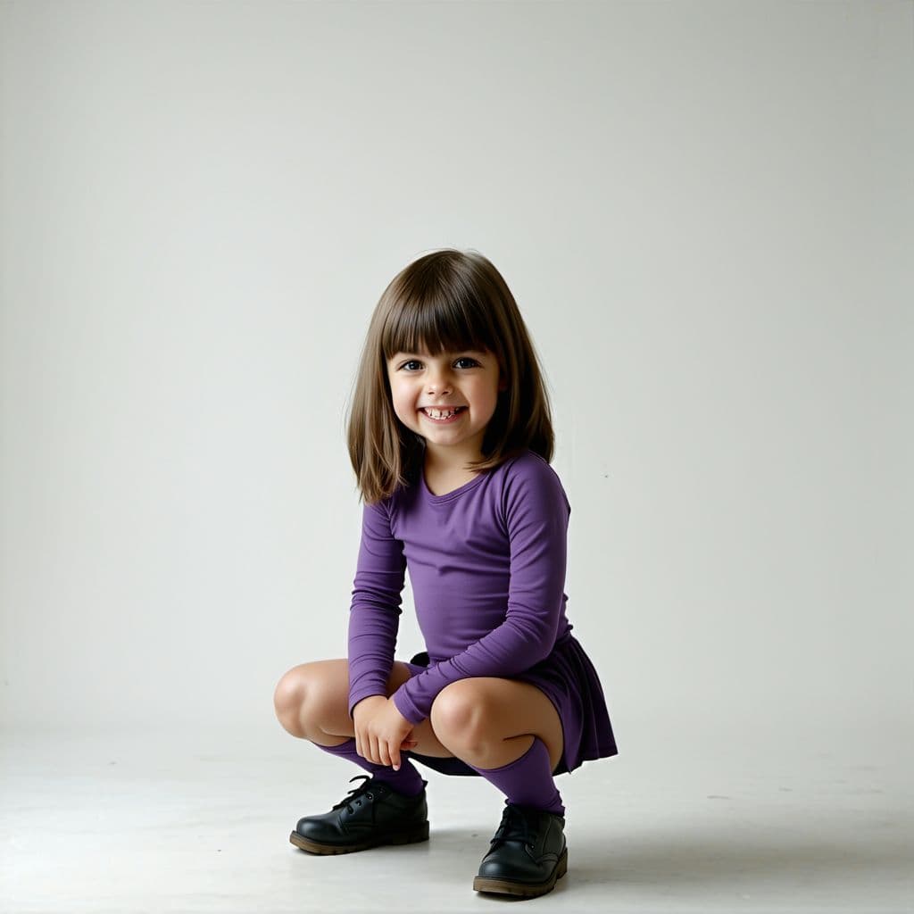 AI generated: Hyperrealistic, child, squat, m legs, cute, hit girl, knees wide, face viewer, evil smile, short ski...