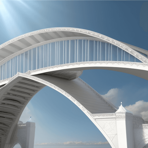 AI generated: heaven fantasy huge white gold bridge. White gold and blue only.






