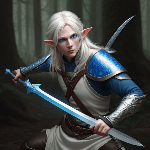 AI generated: male elf wielding a longsword, living in the woods, blue eyes, whiteblonde hair. ultra detailed phot...