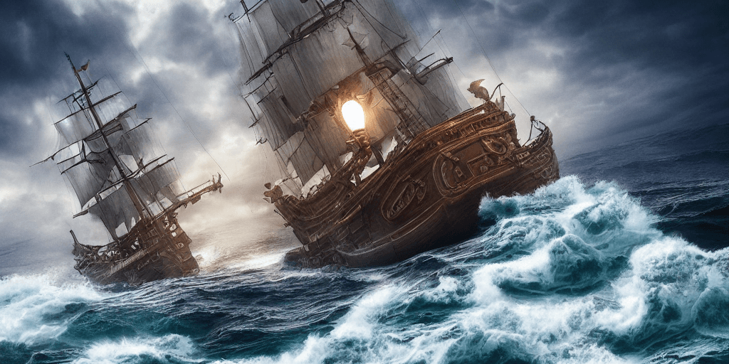 AI generated: pirate ship in the middle of the ocean with high waves stormy sea and weather and clouds 4k ultra re...