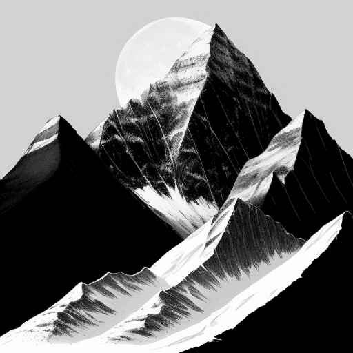 AI generated: black and white line art modern design silhouette of mountain peaks with snow caps and giant moon in...