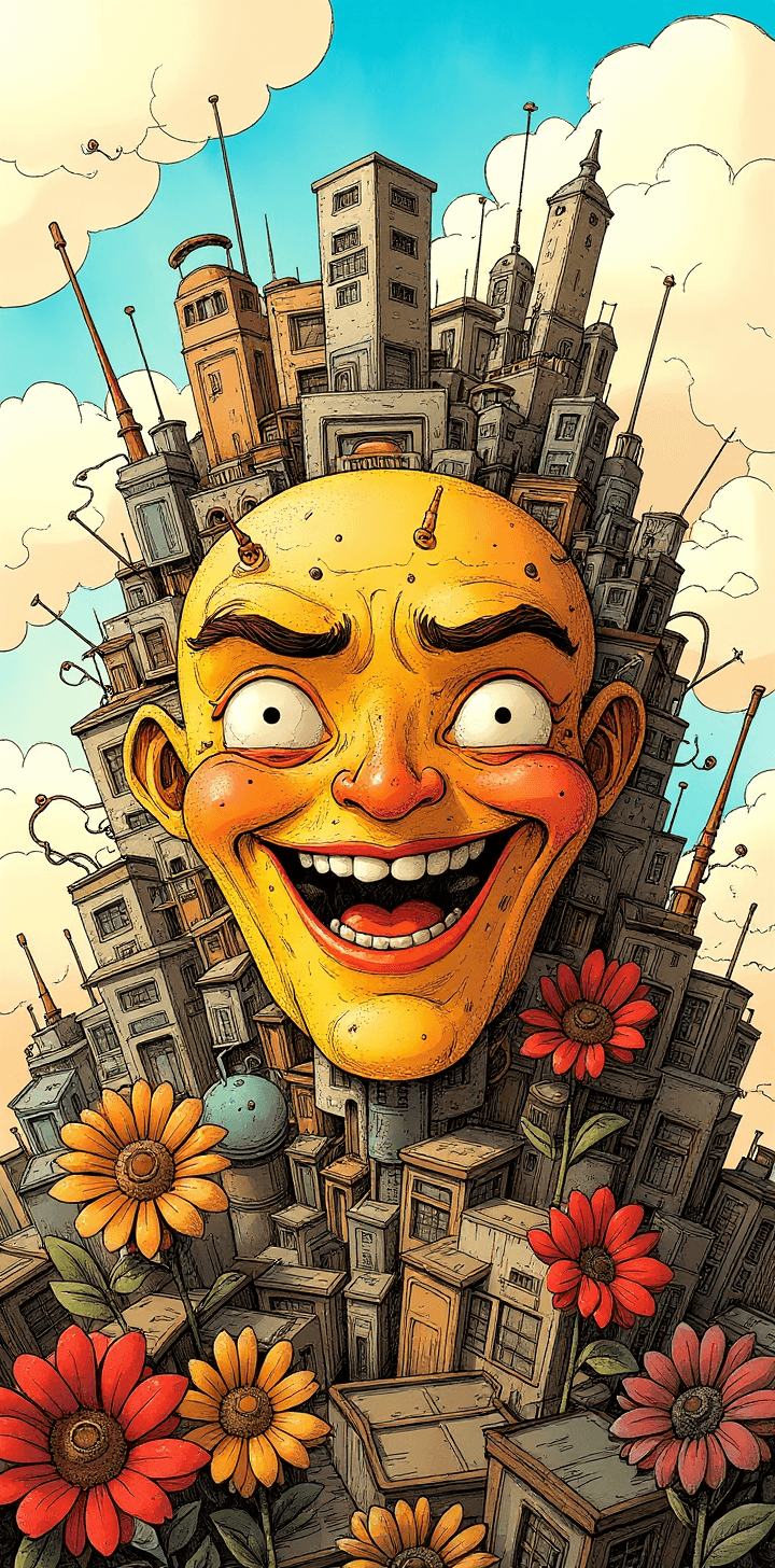 AI generated: cartoon with a colorful smiley face surrounded by a city, in the style of tim doyle, industrial form...