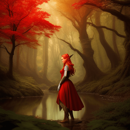 AI generated: Elf, female, red hair, landscape, forest, magical 