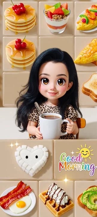 AI generated video: Create 3D hyper-detailed breakfast themed tic-tac-toe grid features a chibi-like cute girl sitting i...