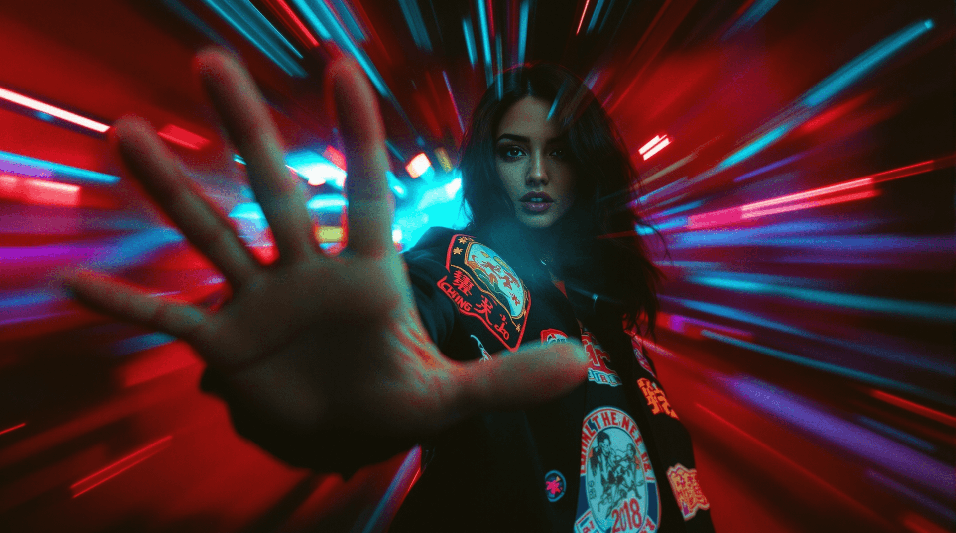 AI generated: A vibrant, dynamic scene featuring a Stunning Woman with dark hair wearing a black jacket with color...