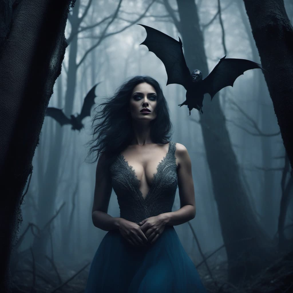AI generated: Professional horror-style photography featuring a monster girl in a dramatic, dark forest with fog. ...