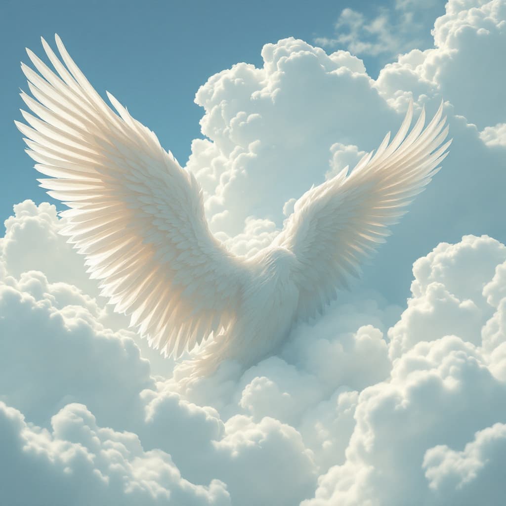 AI generated: Delicate  Angel wings in the clouds, male masculine  angel, blue sky --ar 3:4 --style raw --v 6.1 --...