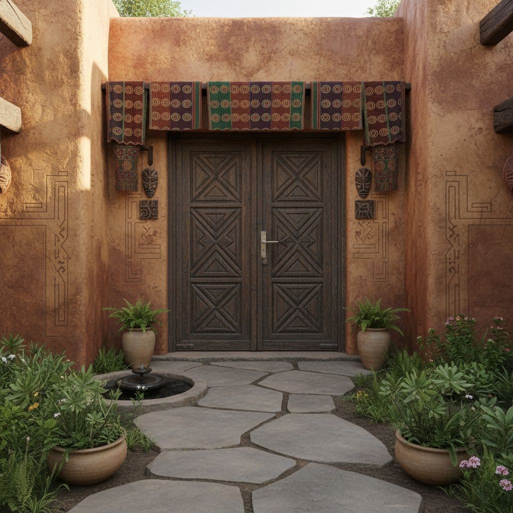 AI generated: A photo-realistic, highly detailed image of an African house entrance, centered in the frame, captur...
