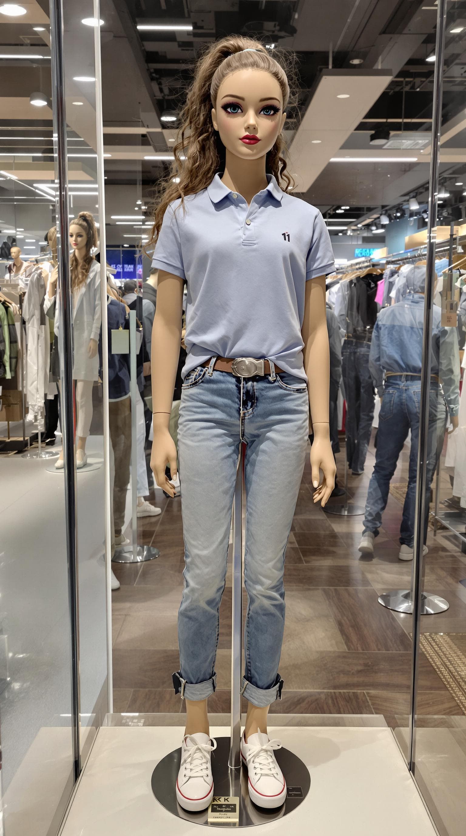 AI generated:  professional photo of a exceptionally beautiful mannequin girl (age 11), (eleven year old) on displ...