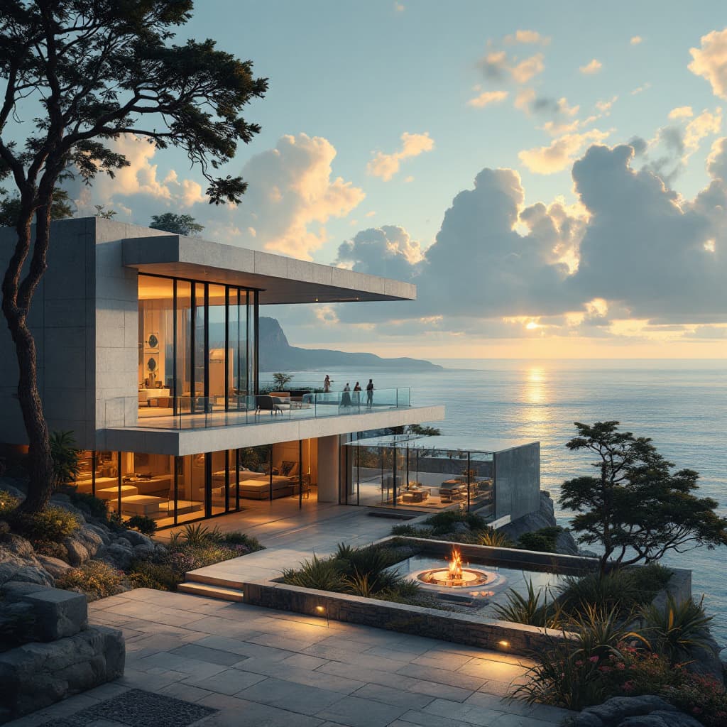 AI generated: Hyper realistic eye level exterior photo of a mid century modern style house overlooking the ocean, ...