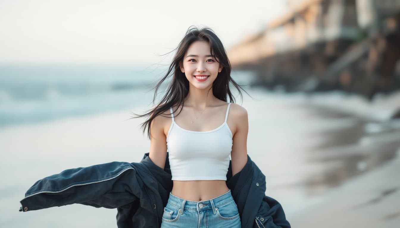 AI generated: Full body photo of Risa, a Japanese girl, wearing a Cropped waist tank top and short jeans, Make a S...