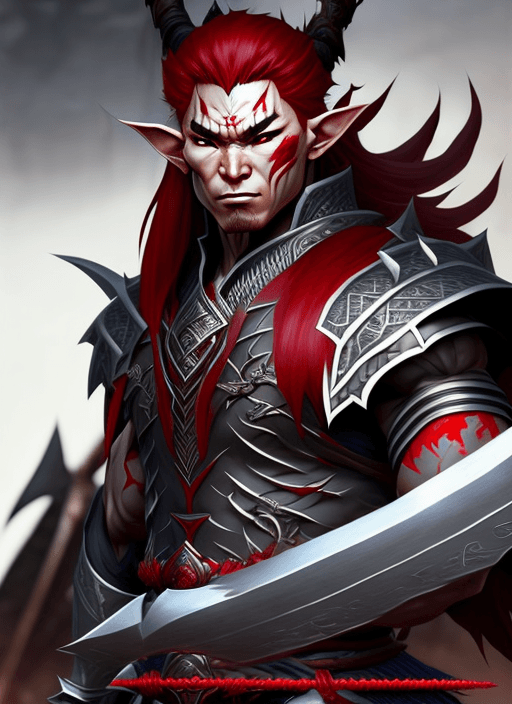 AI generated: evil male elf shogun with muscular grey skin and red hair, samurai armor, ultra realistic, concept a...