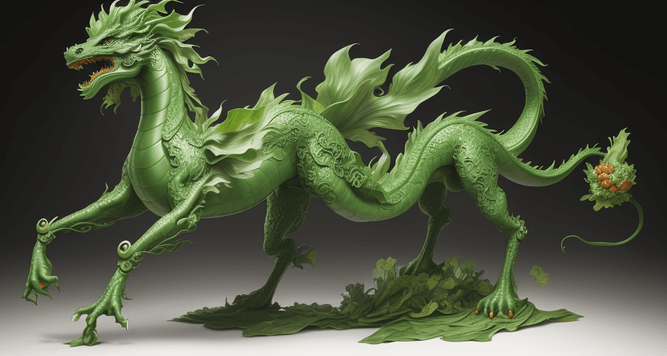 AI generated: Panning Effect Photography, full body of Chinese dragon statue made of lettuce, Fruits & Vegetables,...