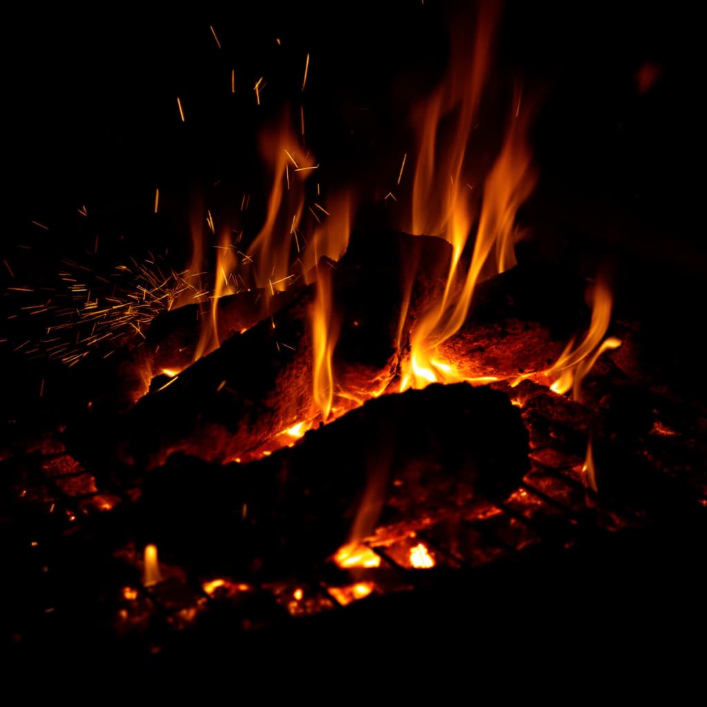 AI generated: Blazing barbecue grill, fiery flames, glowing embers, hot coals, metal grates, sparks flying, dark b...