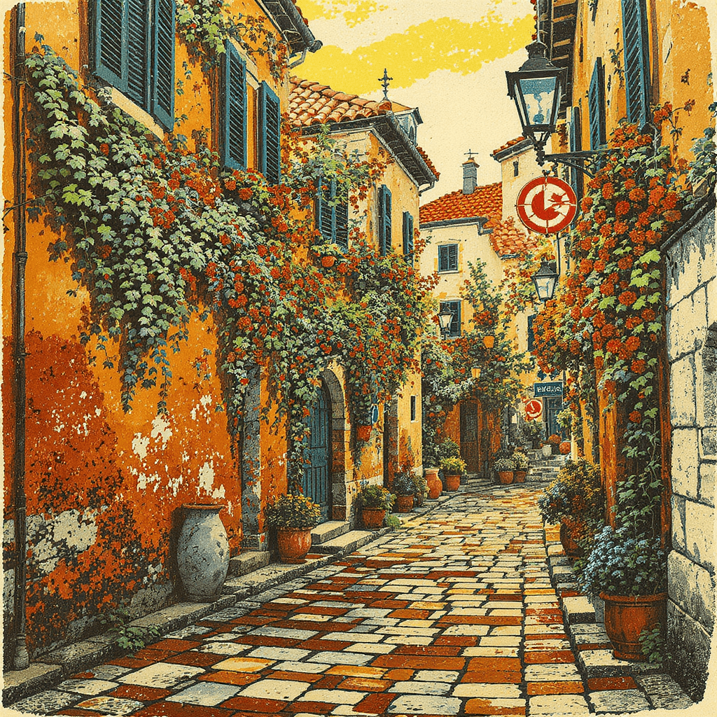 AI generated: prompt:
A vintage illustration of an old cobblestone street, ivy-covered buildings, hanging lantern...