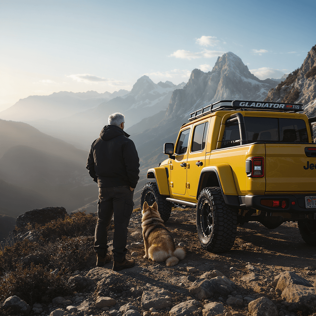 AI generated: Photo of an ultra-realistic Jeep Gladiator, with clear lighting, bright sunrise, cinematic light, lo...