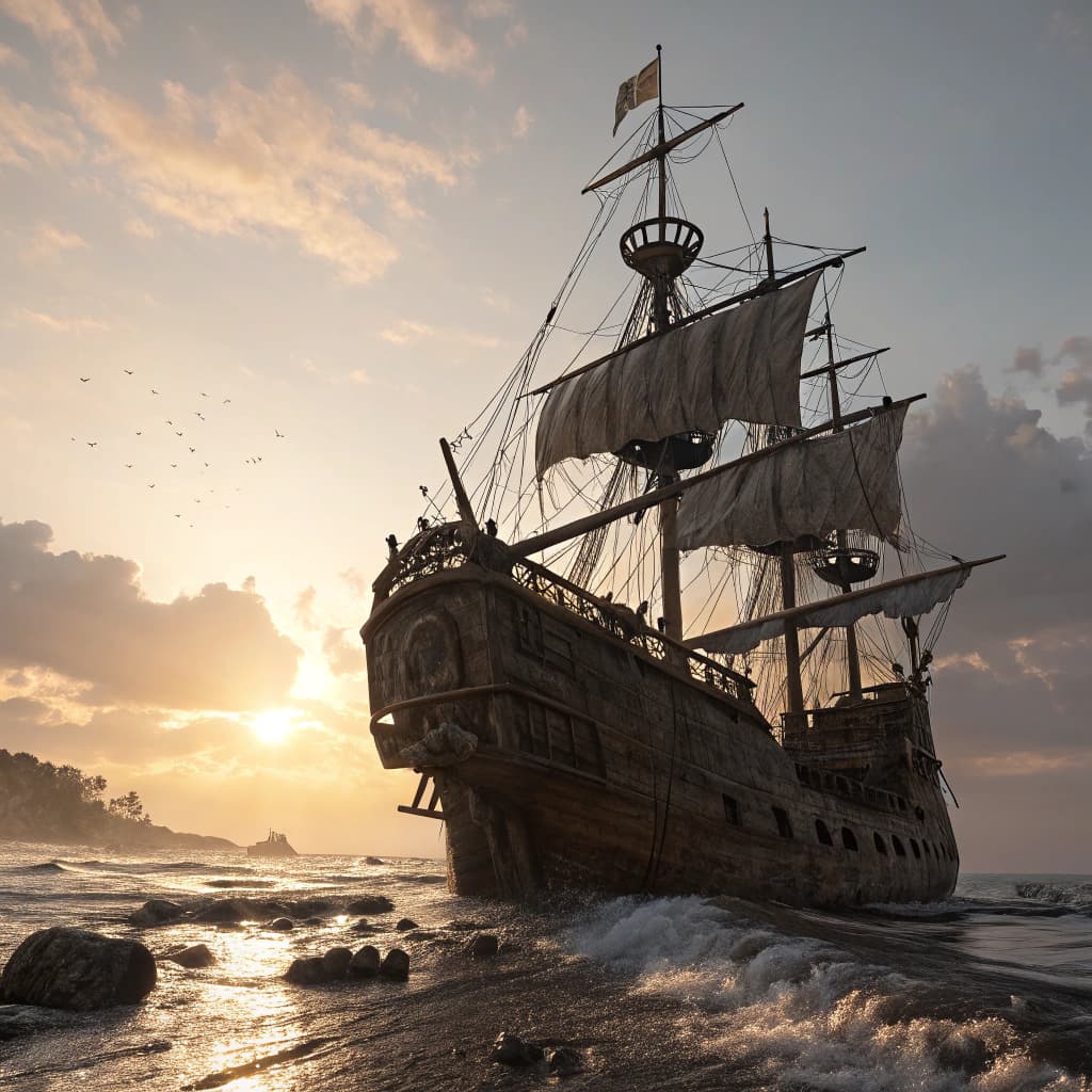 AI generated: Photo of a ultra realistic sailing ship, dramatic light, pale sunrise, cinematic lighting, battered,...