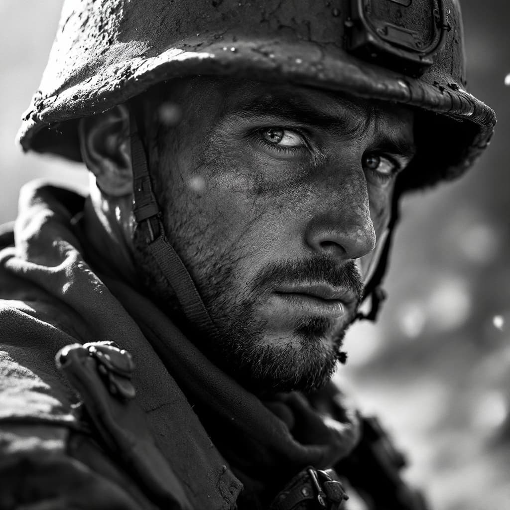 AI generated: black and white photography, war torn soldier sadly looks on camera, highres, realistic photo, profe...