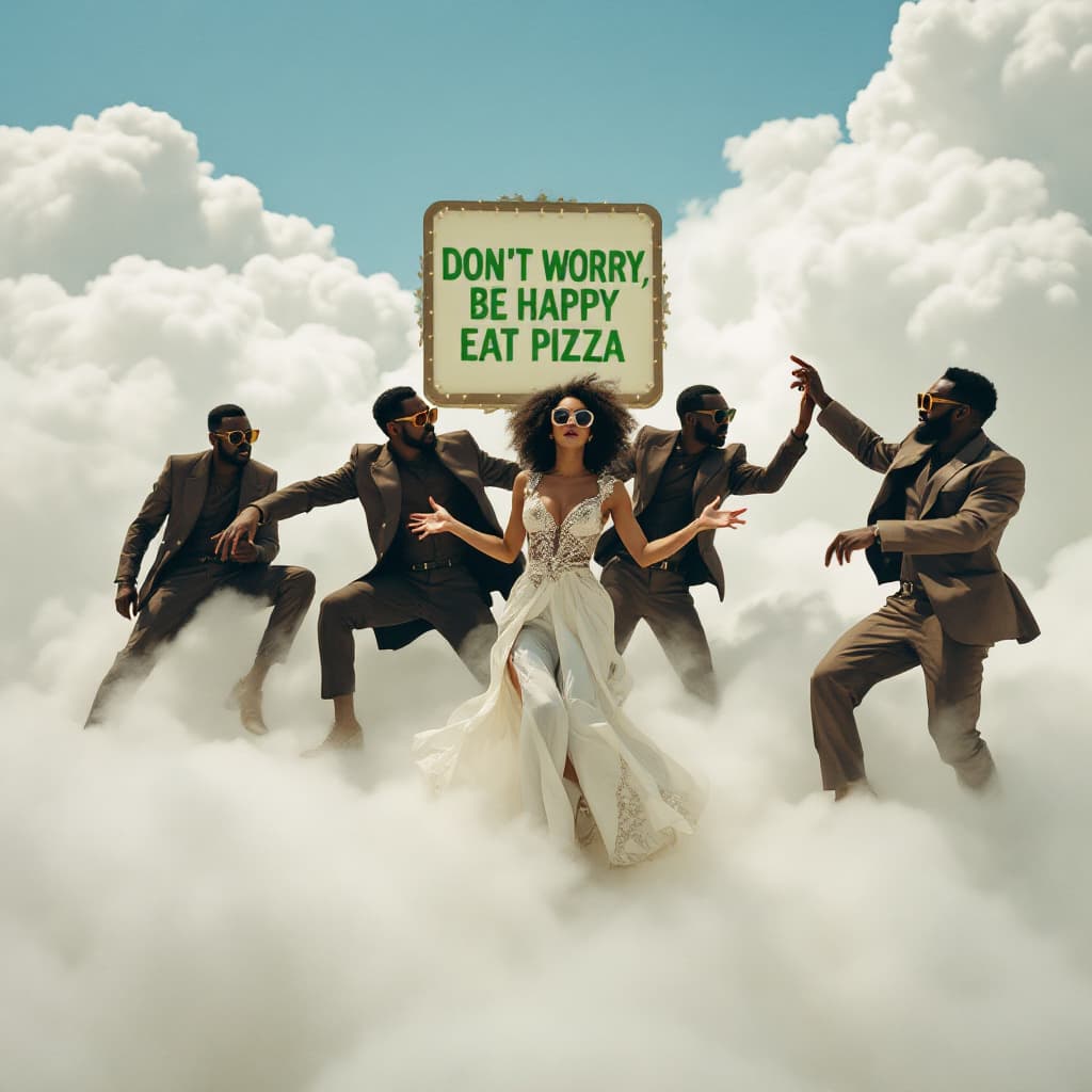 AI generated: A photo of an eccentric GROUP OF 5 BLACK MEN AND WHITE WOMEN DANCING on top of white fluffy clouds w...