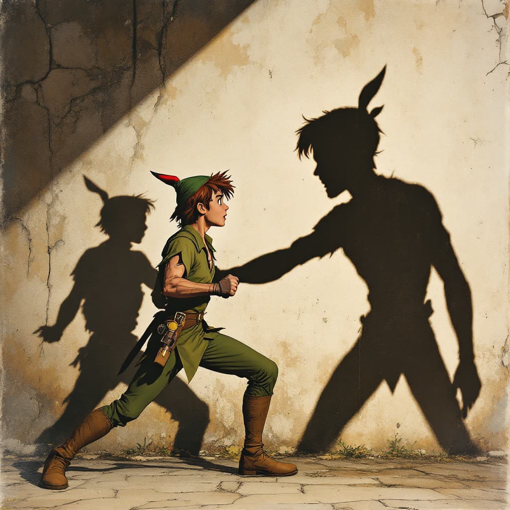 AI generated: Photorealistic  full body shot of peter pan fencing with his shadow against a wall, and  it is taunt...