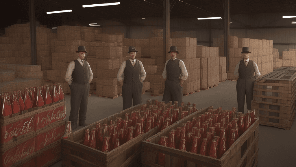 AI generated: A dimly lit warehouse from the early 20th century, filled with crates of Coca-Cola bottles stacked h...