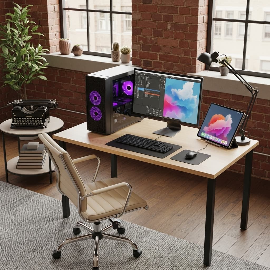 AI generated: A home office featuring dual-boot software setup on a desktop computer, an iPad Pro as a second scre...