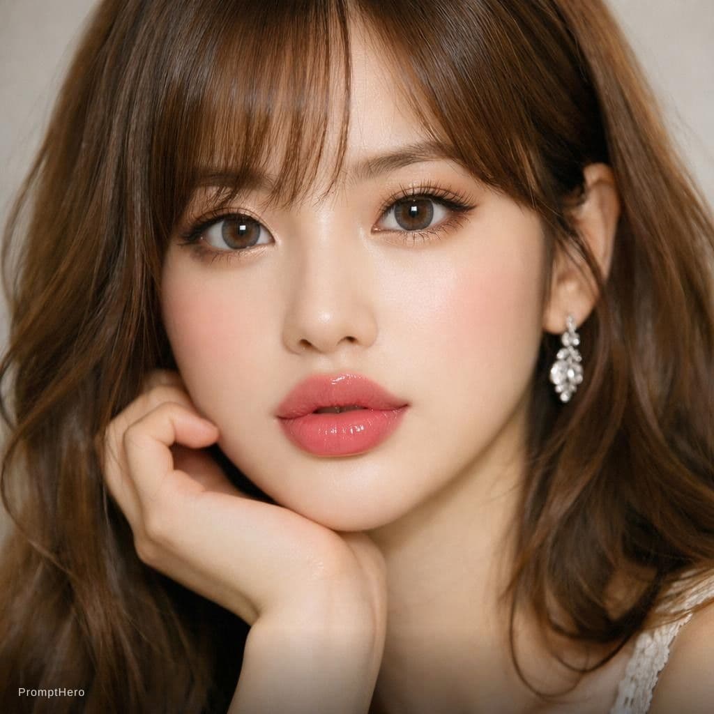 AI generated: Full lips, thick lips, round lips, beautiful idol face, beautiful hair, brown eyes, details face, Ko...