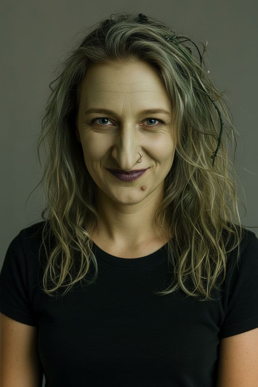 AI generated: change her face so that she looks like a witch
