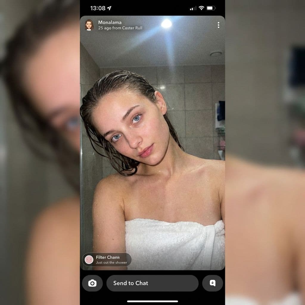 AI generated: low quality phone photo, snapchat, front shot, upper body, 25 year old girl, in the bathroom, just o...