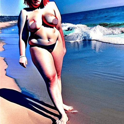 AI generated: Billie Eilish wearing bikini standing on beach, wearing microkini, massive boobs, freckles all over ...
