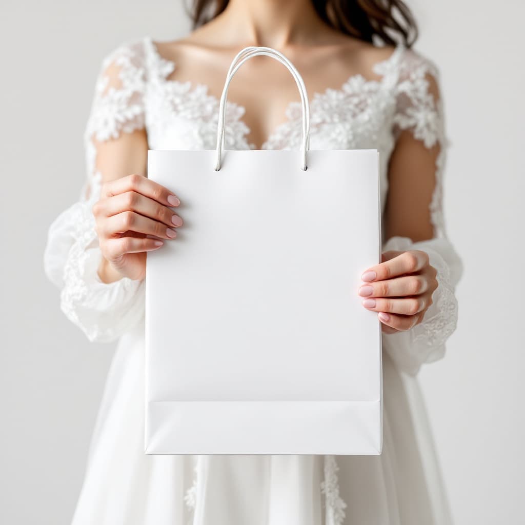 AI generated: A photograph of an white paper shopping bag, held by two hand, against a white background. The woman...