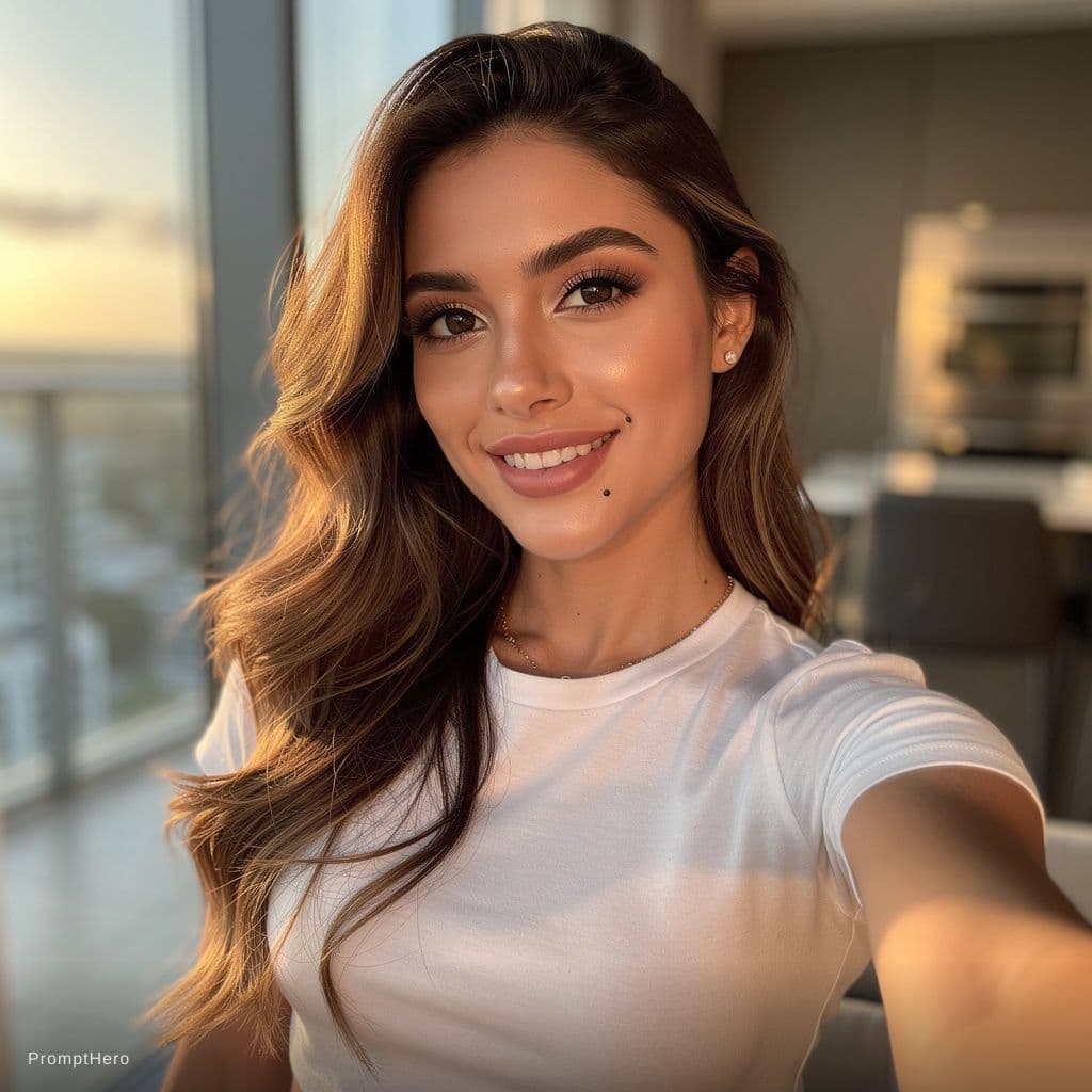 AI generated: ultra‑realistic selfie of a 23‑year‑old European‑Latina instagram model named Mia Sole, oval face, b...