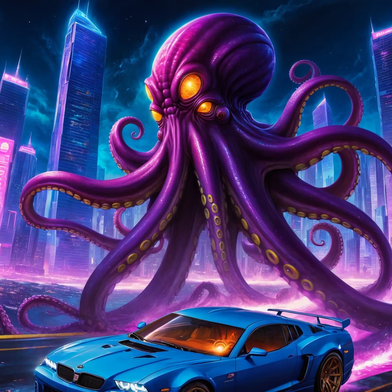 AI generated: gigantic cybertron octopus destroy synthwave city, floating in deep space, chaotic, horror, oil on c...