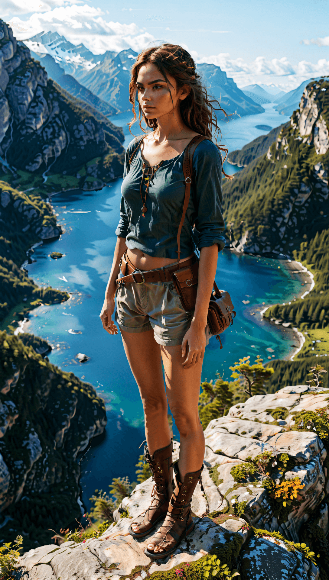 AI generated: Generate a full image of a girl standing on the edge of a cliff overlooking a vast, uncharted wilder...