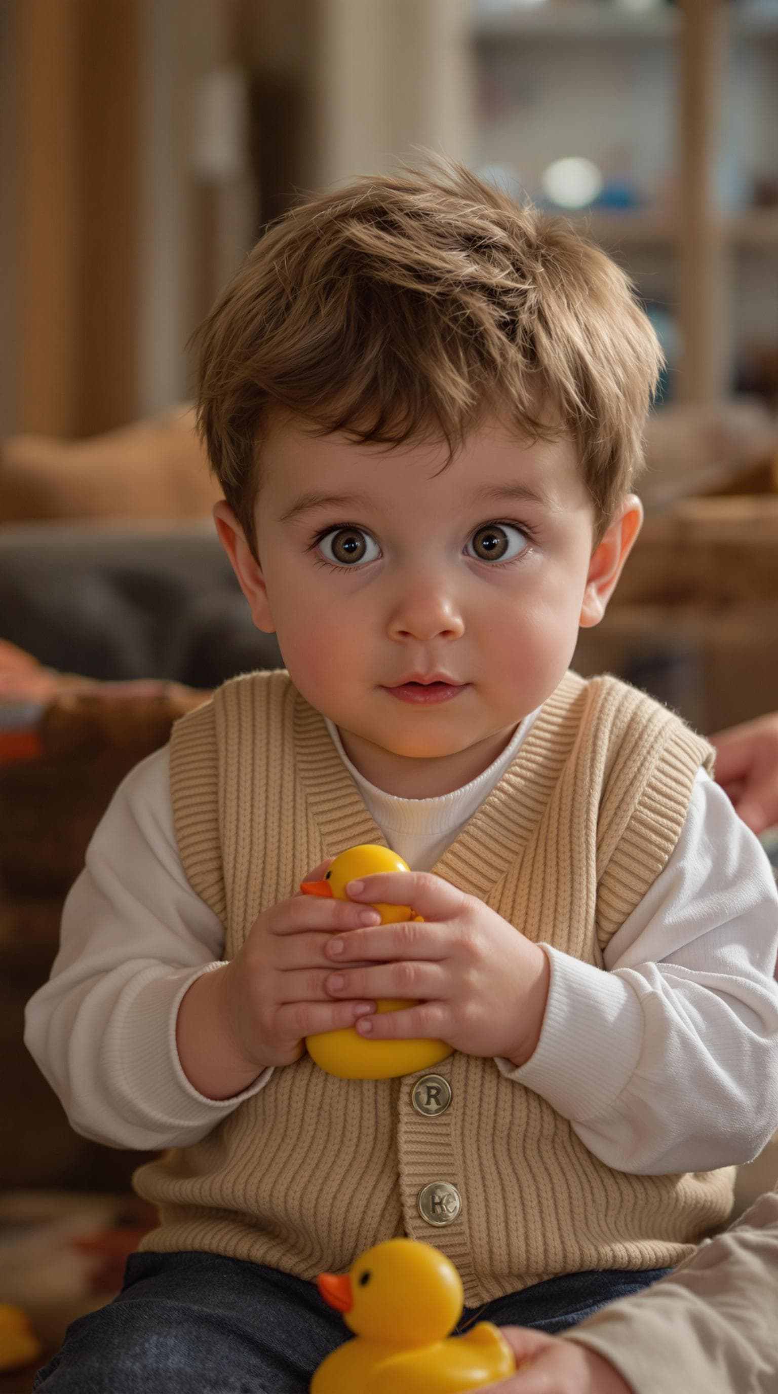 AI generated: Portrait of toddler boy as baby Chandler Bing from Friends, short brown spiky hair, curious wide eye...