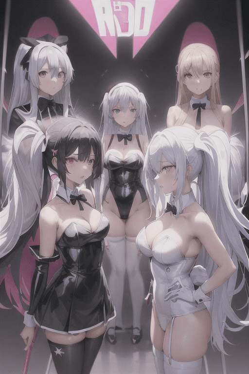 AI generated: 5 girls A and B and C and D and E, A girl have (white hair)  (white pink latex suit) white thighhigh...