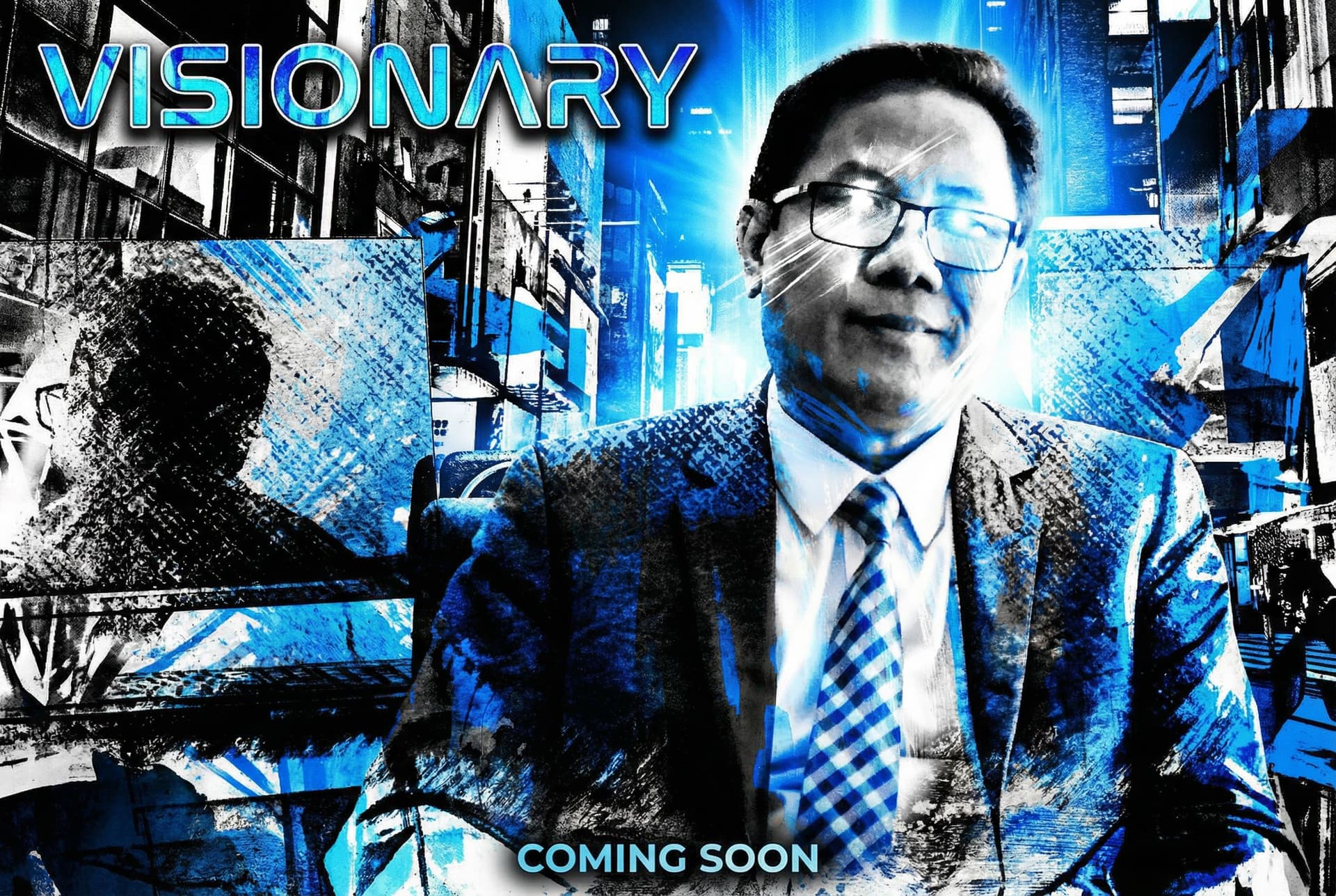 AI generated: movie poster,male character in black,white and blue,in the style of yoh nagao,light-focused --ar 71:...
