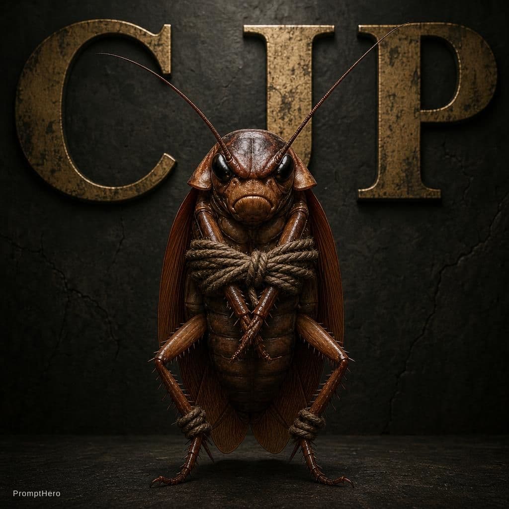 AI generated: straught looking cockroach in a angry mood with ands and legs hands are tied and in background its w...