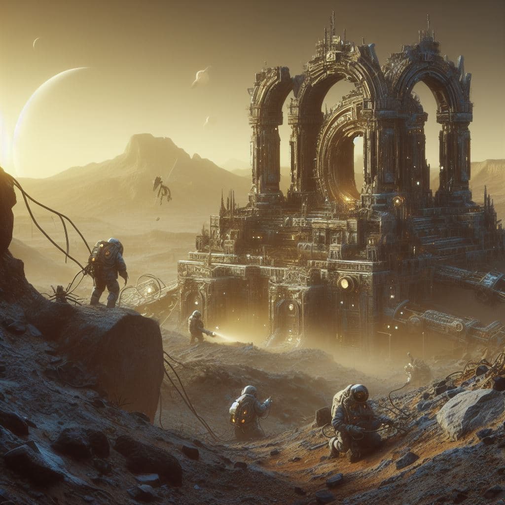 AI generated: an ancient alien ruin on another planet,human astronauts digging at the excavation site.beautiful,hi...