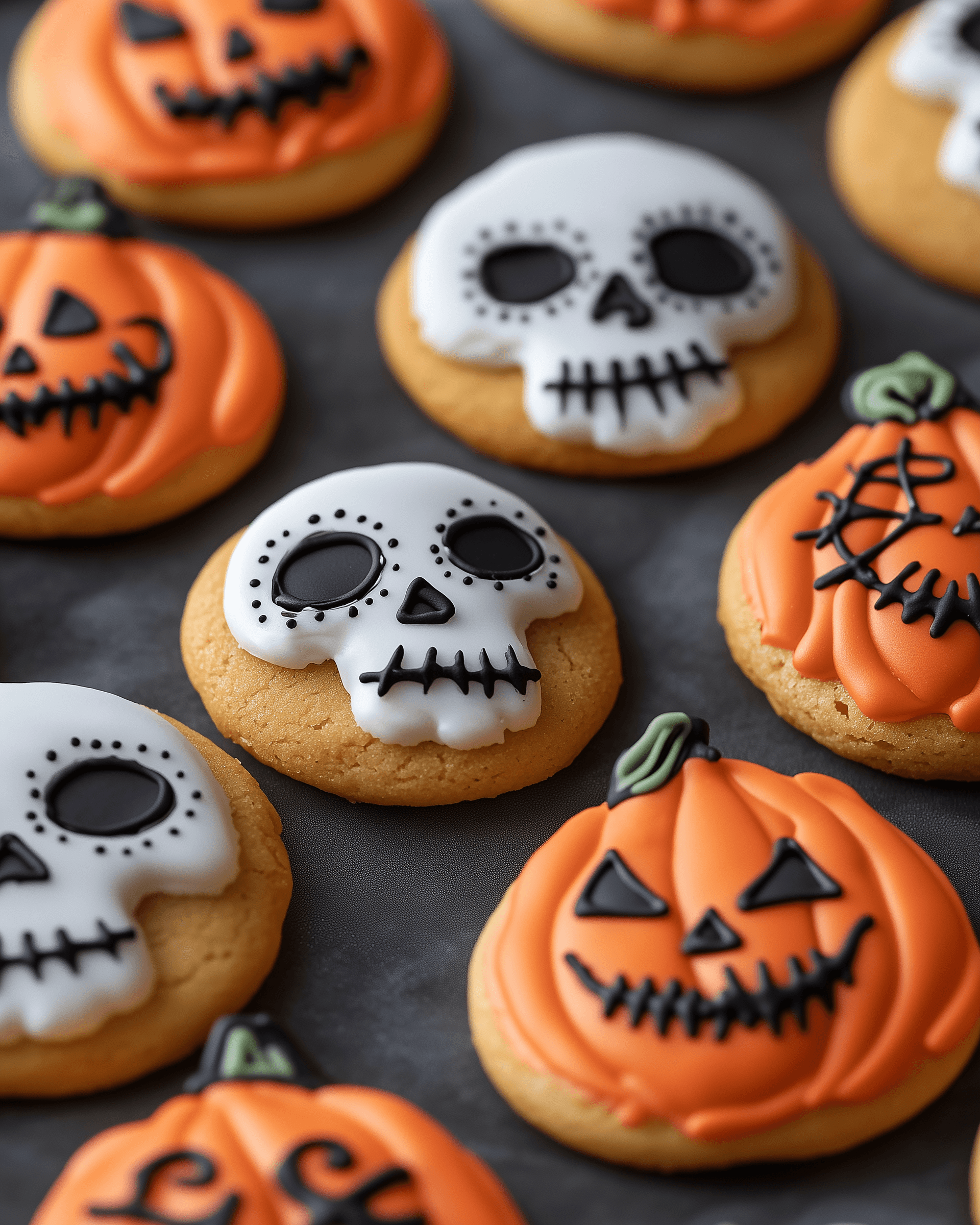 AI generated: Halloween cookies with skull and pumpkin designs, spooky-themed food photography, high resolution, d...