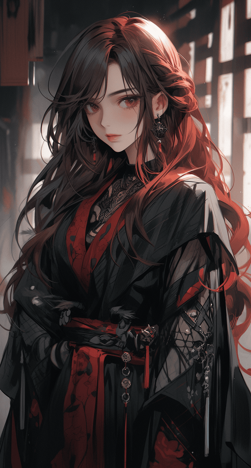 AI generated: an oriental woman in a black kimono showing some red hair, in the style of cyberpunk dystopia, dark ...