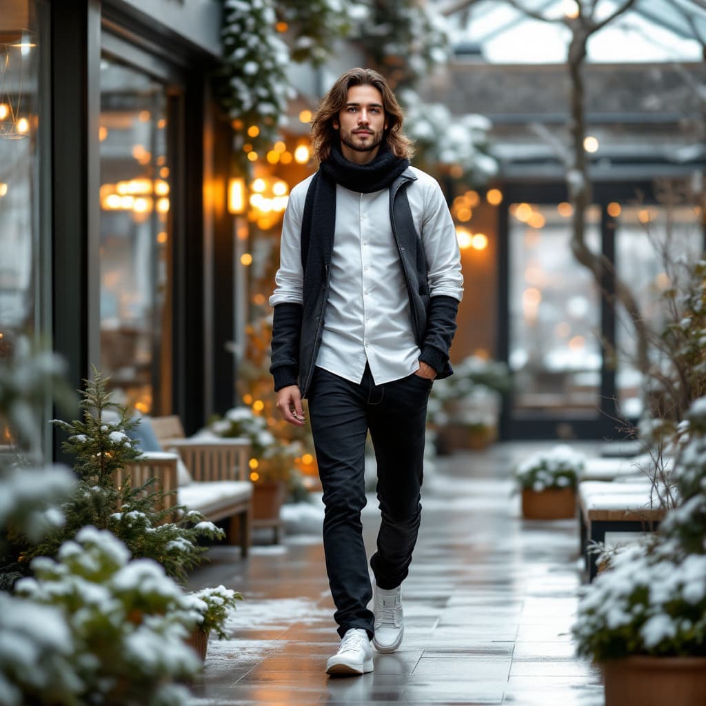 AI generated: tall slim japanese man with long hair with black slim jeans, white sneakers and a white shirt with a...