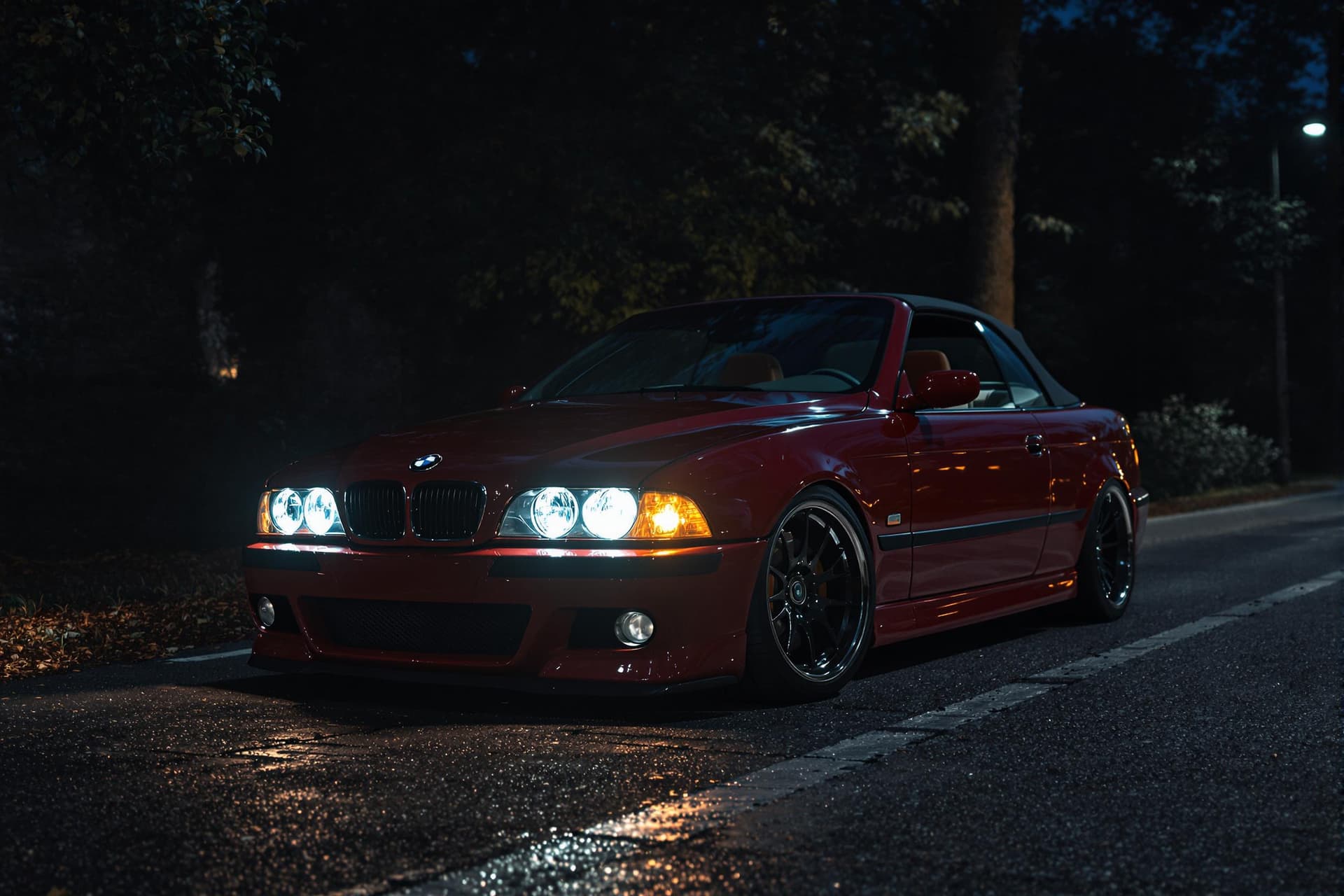 AI generated: dark red bmw e39 M5 convertible, lit angel eyes, cinematic, hyper realism, high detail, 8k, dark eve...
