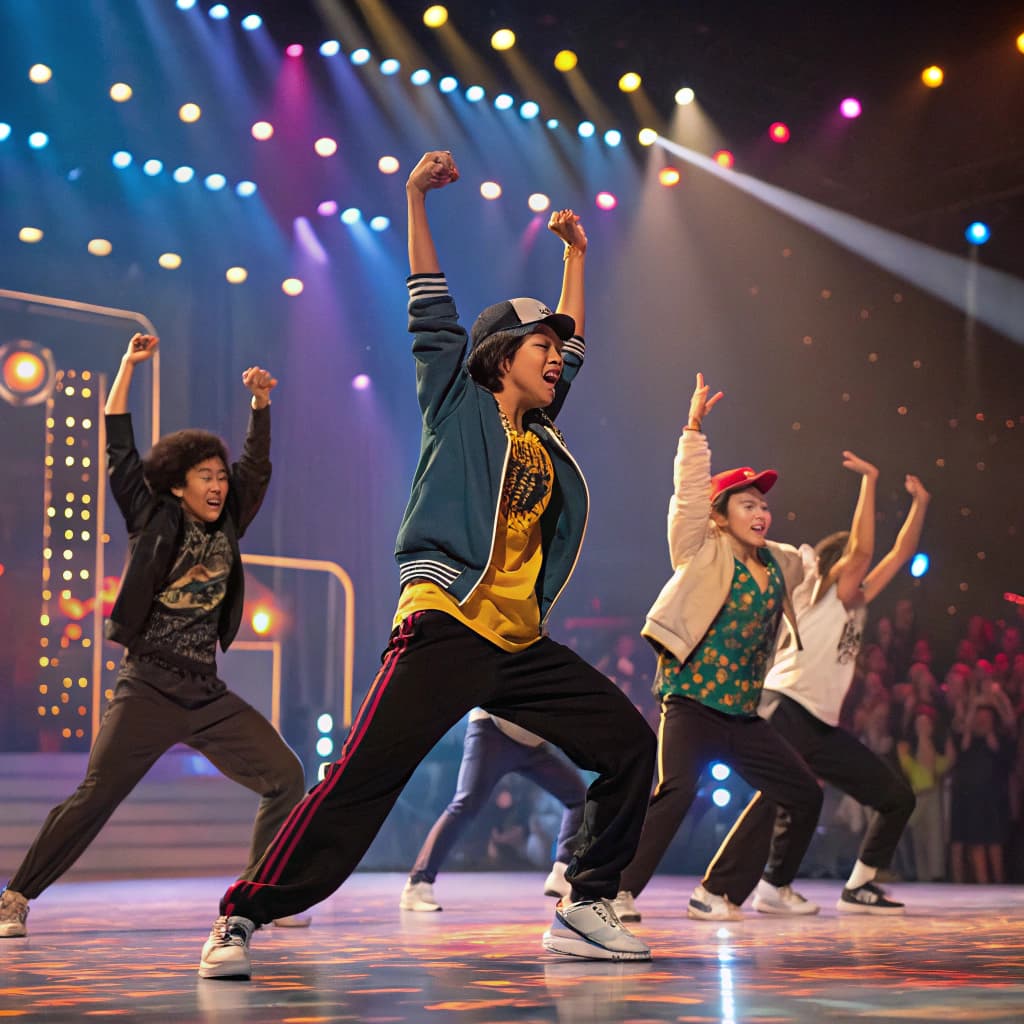 AI generated: create an image of a group of young people performing a dance act on stage