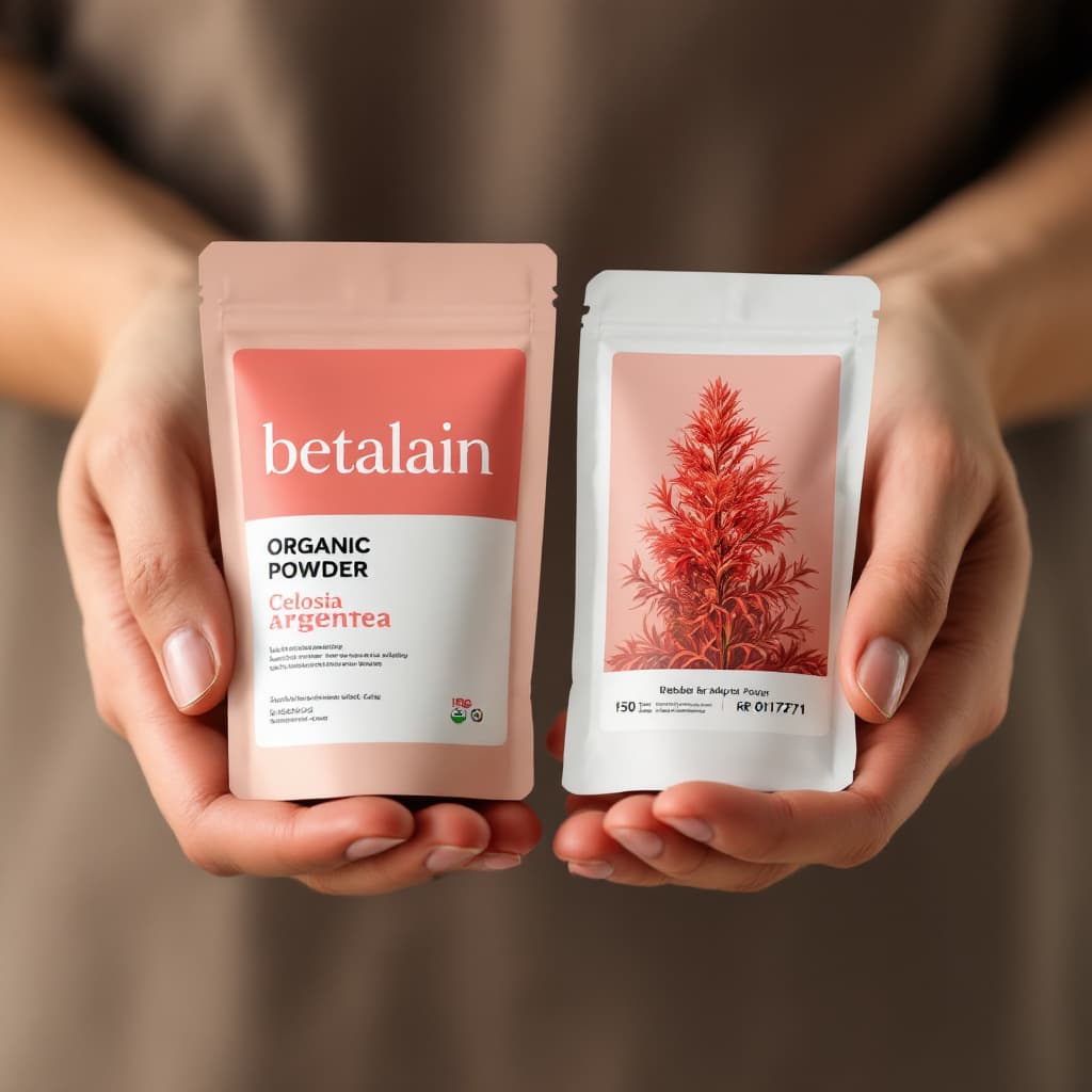 AI generated: Product Mockup of organic betalain packaging  in hands being held, and picture of Celosia argentea a...